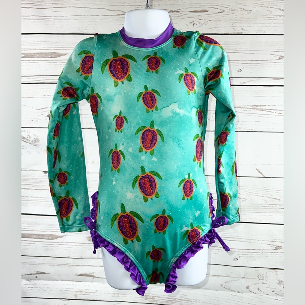 Lil Cactus, Girl’s size 7t, turtle print, long-sleeve, ruffle accent seimsuit